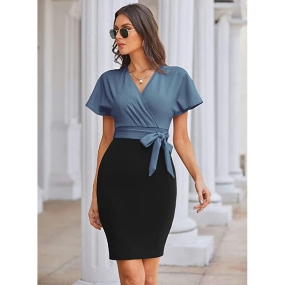 GRACE KARIN Womens Pencil Dress Flutter Sleeve Knee Length Blue Black Stretch - Picture 1 of 10
